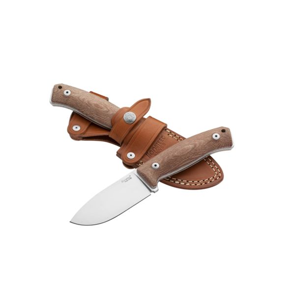 M2M - Fixed bld M390 satin bld, Natural CANVAS hdl, leather sheath