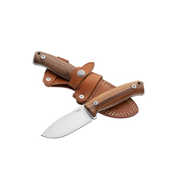 M2M - Fixed bld M390 satin bld, Santos wood hdl, leather sheath