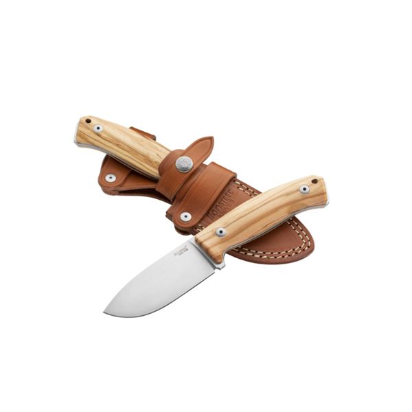 M2M - Fixed bld M390 satin bld, Olive wood hdl, leather sheath