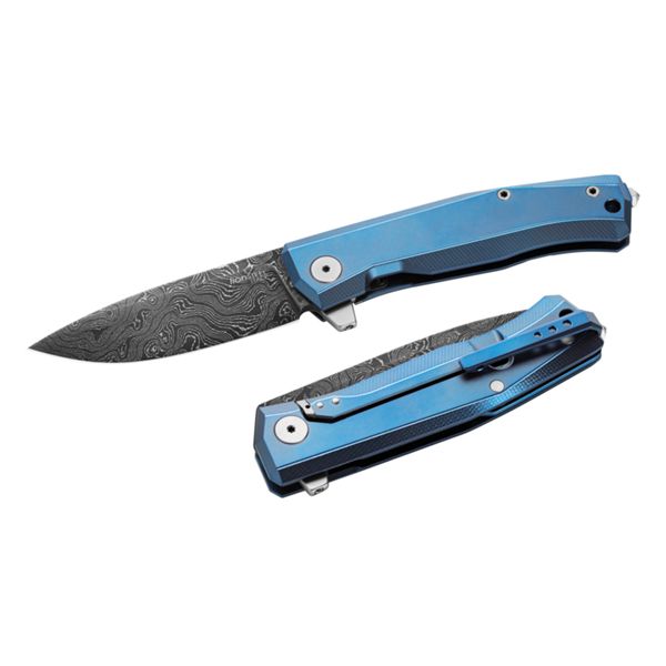 MYTO - Folding knife Damascus Scrambled bld, BLUE Titanium hdl and clip