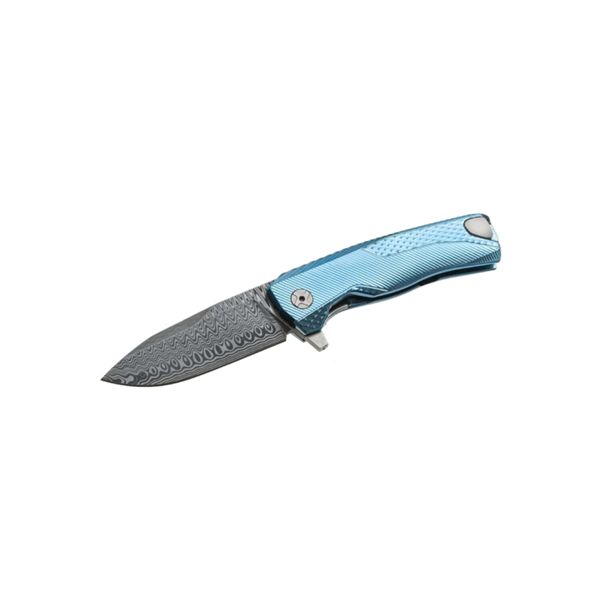 ROK - Solid Titanium knife, RotoBlock, Damascus bld+Clip, Ti BLUE w/FLIPPER