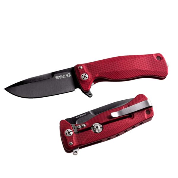 SR22 - Flipper RED Aluminum knife, RotoBlock, Chemical Black bld Sleipner