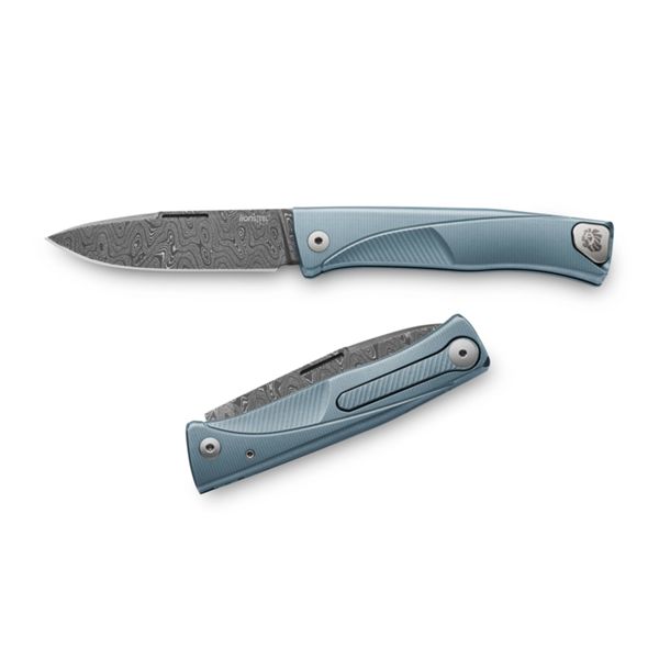 THRILL - Folding knife Damascus Scrambled bld, BLUE Titanium hdl and clip