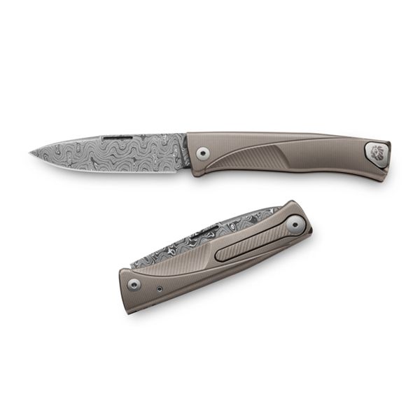 THRILL - Folding knife Damascus Scrambled bld, GREY Titanium hdl and clip