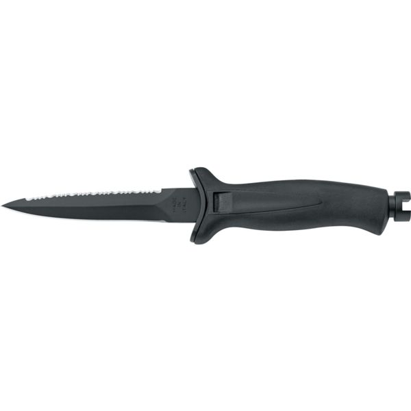 DIVING KNIFE AQUATYS, S/S BLK PTFE STILETTO bld 12 CM, PLASTIC hdl: BLK/BLK, +SHEATH