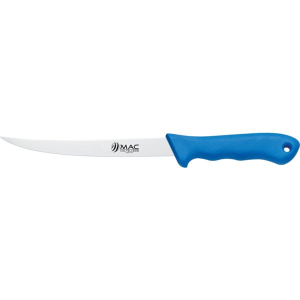 FISHING KNIFE, FILLETING, S/S bld 18 CM, CURVED, PLASTIC hdl: BLU, +SHEATH