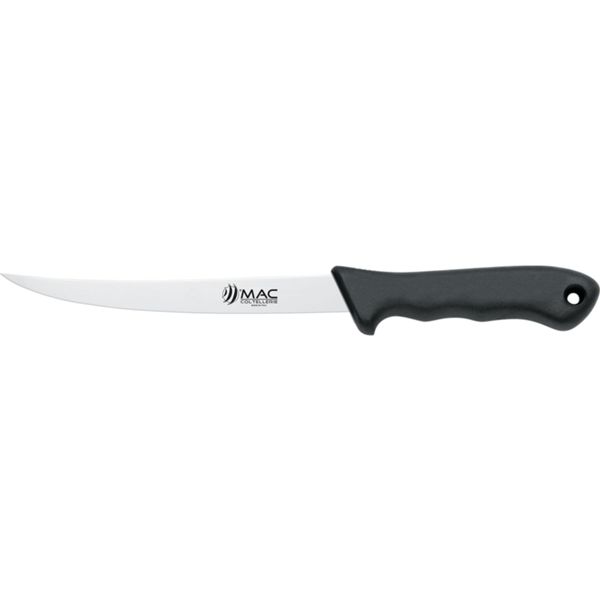 FISHING KNIFE, FILLETING, S/S bld 18 CM, CURVED, PLASTIC hdl: BLK, +SHEATH