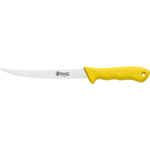 FISHING KNIFE, FILLETING, S/S bld 18 CM, CURVED, PLASTIC hdl: YEL, +SHEATH