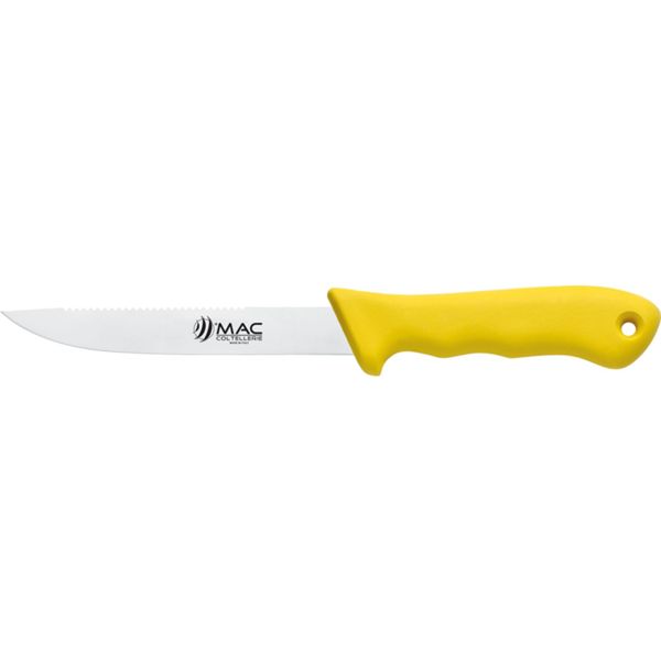 FISHING KNIFE, FILLETING, S/S bld 15 CM, WIDE w/SCALING, PLASTIC hdl: YEL, +SHEATH