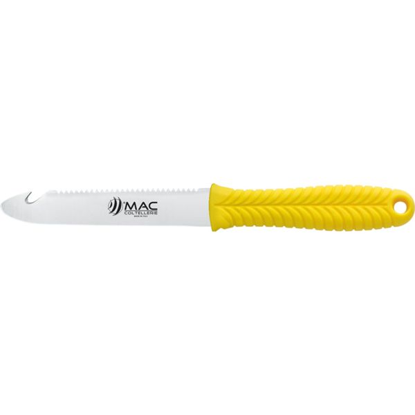 FISHING KNIFE, FILLETING, S/S bld 9 CM, WIDE, w/SCALING 9 CM, PLASTIC hdl: YEL, +SHEATH