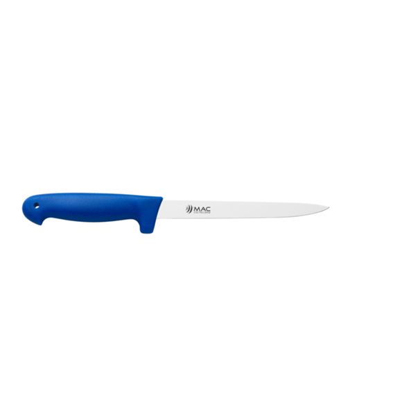 FISHING KNIFE, FILLETING, STRAIGHT S/S bld, 18 CM, PLASTIC hdl: BLU, w/ELASTIC LANYARD