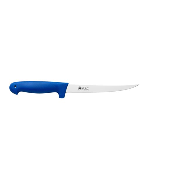 FISHING KNIFE, FILLETING, CURVED S/S bld, 18 CM, PLASTIC hdl: BLU, w/ELASTIC LANYARD