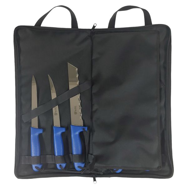 FISHING KNIFE SET 5pcs, S/S bld, PLASTIC hdl: BLU, w/ELASTIC LANYARD, +NYLON SHEATH/BAG