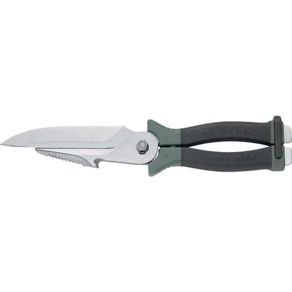 DIVING KNIFE PACIFIC MARINE WORKS w/SCISSORS, S/S bld 12 CM, PLASTIC hdl: BLK/GRN, +SHEATH