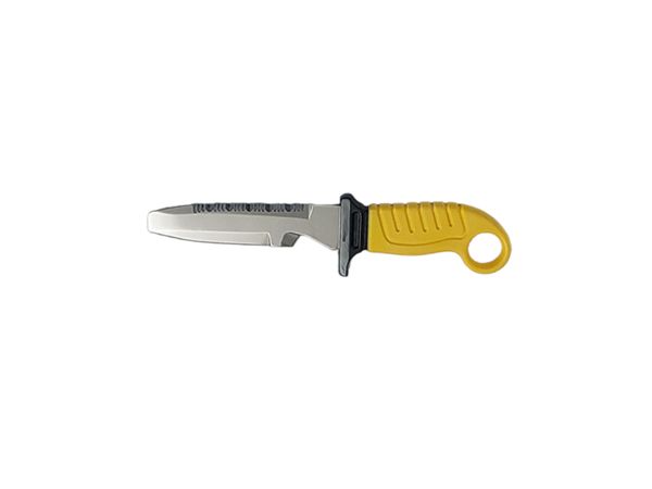 DIVING KNIFE SQUALO, S/S bld 13 CM, PLASTIC hdl: YEL, +SHEATH, +RUBBER RING SPARE PART