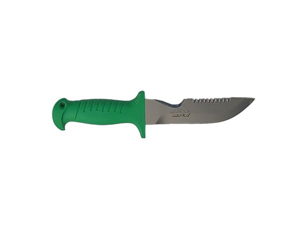 DIVING KNIFE SQUALO, S/S bld 14 CM, PLASTIC hdl: GRN, +SHEATH, +RUBBER RING SPARE PART