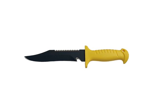 DIVING KNIFE SQUALO, S/S bld 17 CM BLK TEFLON COATED, PLASTIC hdl: YEL, +SHEATH, +RUBBER RING SPARE PART