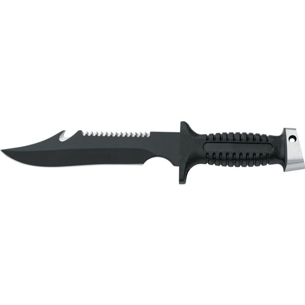 DIVING KNIFE SHARK, S/S BLK PTFE bld 18 CM, PLASTIC hdl: BLK, +SHEATH