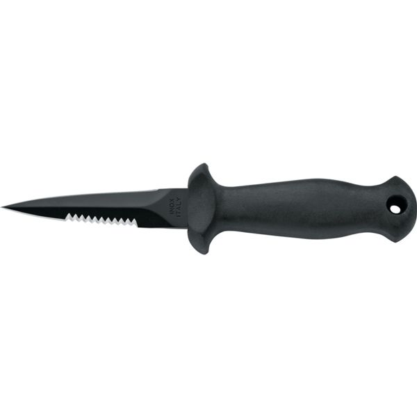 DIVING KNIFE SUB, S/S BLK PTFE STILETTO bld 9 CM, PLASTIC hdl: BLK, +SHEATH, +RUBBER RING SPARE PART