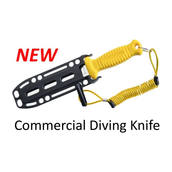 DIVING KNIFE SUB, S/S SERRATED bld 14 CM BLUNT, PLASTIC hdl: YEL, +YEL PLASTIC SHEATH w/SPIRAL LANYARD AND CARABINIERS w/RUBBER STRAPS FOR ARM OR LEG CARRY w/PLASTIC BUCKLE (PAIR)