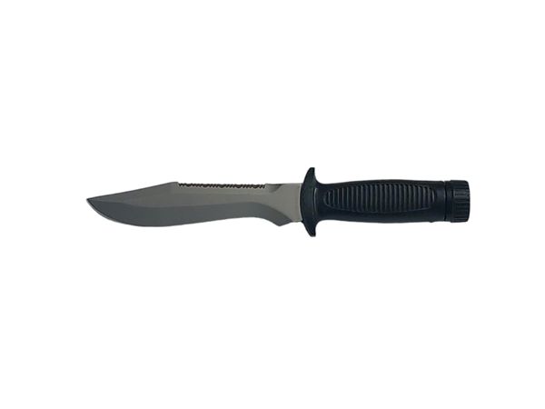 DIVING KNIFE SUB, S/S bld 15 CM, PLASTIC hdl: BLK w/COMPASS + SHARPENING STONE, +SHEATH, +RUBBER RING SPARE PART