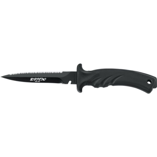 DIVING KNIFE TORPEDO, S/S BLK PTFE bld 11 CM, PLASTIC hdl: BLK/BLK, +SHEATH