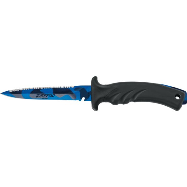 DIVING KNIFE TORPEDO, S/S BLU CAMO PTFE bld 11 CM, PLASTIC hdl: BLK/BLK, +SHEATH