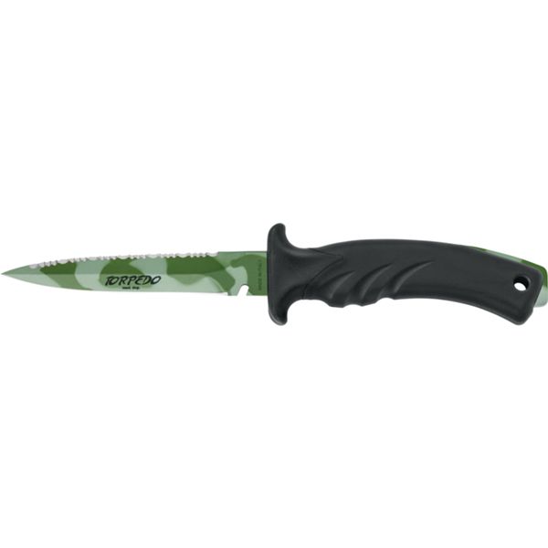 DIVING KNIFE TORPEDO, S/S GRN CAMO PTFE bld 11 CM, PLASTIC hdl: BLK/BLK, +SHEATH