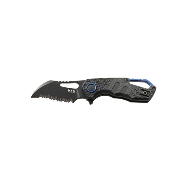 MKM ISONZO – N690 BLK COATED HAWKBILL SERRATED bld, BLK FRN hdl - BLU Al SPACER & RING - S/S REV. CLIP, S/S LINER LOCK - FLIPPER - THUMB HOLE OPENING