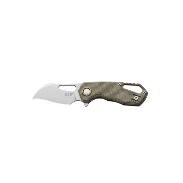 MKM ISONZO – M390 SW HAWKB bld - GRN CNV MICARTA h, BRO Ti SPACER & RING - S/S LINER LOCK & REV. CLIP, FLIPPER - THUMB HOLE OPENING +ZIP NYLON POUCH