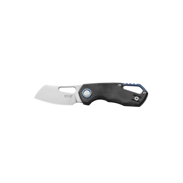 MKM ISONZO – M390 SW CLEAVER bld - BLK CNV MICARTA, BLU Ti SPACER & RING - S/S LINER LOCK & REV. CLIP, THUMB HOLE OPENING +ZIP NYLON POUCH