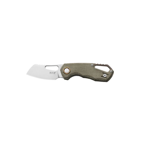 MKM ISONZO – M390 SW CLEAVER bld - GRN CNV MICARTA, BRO Ti SPACER & RING - S/S LINER LOCK & REV. CLIP, THUMB HOLE OPENING +ZIP NYLON POUCH