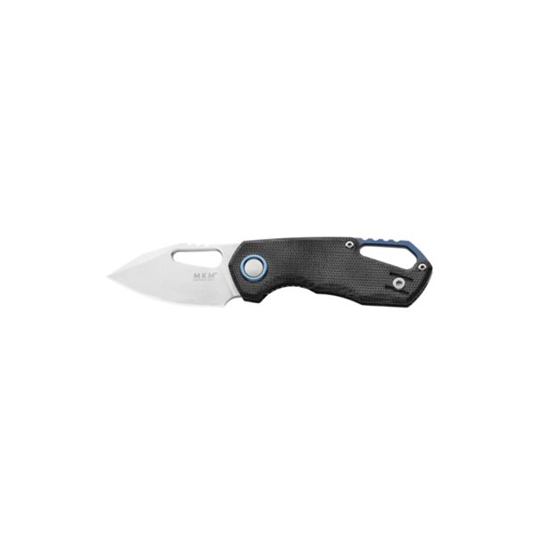 MKM ISONZO – M390 SW CLIP P. bld - BLK CNV MICARTA, BLU Ti SPACER & RING - S/S LINER LOCK & REV. CLIP, THUMB HOLE OPENING +ZIP NYLON POUCH