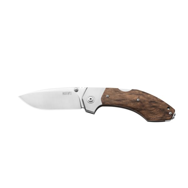 MKM HERO – M390 SATIN bld - WALNUT WOOD hdl, UNIQUE PIECE Ti BOLSTERS & LINERS - REV. Ti CLIP, THUMB STUD - ADV. BACK LOCK +ZIP NYLON POUCH