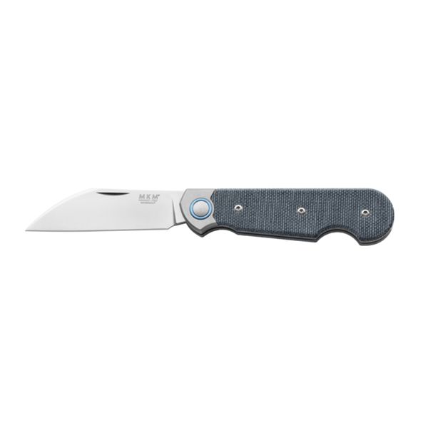 MKM JAQUES – MAGNACUT SATIN bld - DENIM CANVAS MICARTA hdl, TI BOLSTERS AND LINERS, SLIP JOINT - S/S SPRING - NAIL NICK, S/S WIRE CLIP