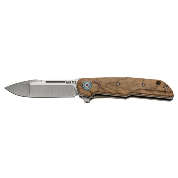 MKM CLAP – M390 SATIN bld - S/S LINER LOCK, OLIVE WOOD hdl - BLU Ti SPACER & CLIP, REMOVABLE FLIPPER - NAIL NICK +ZIP NYLON POUCH