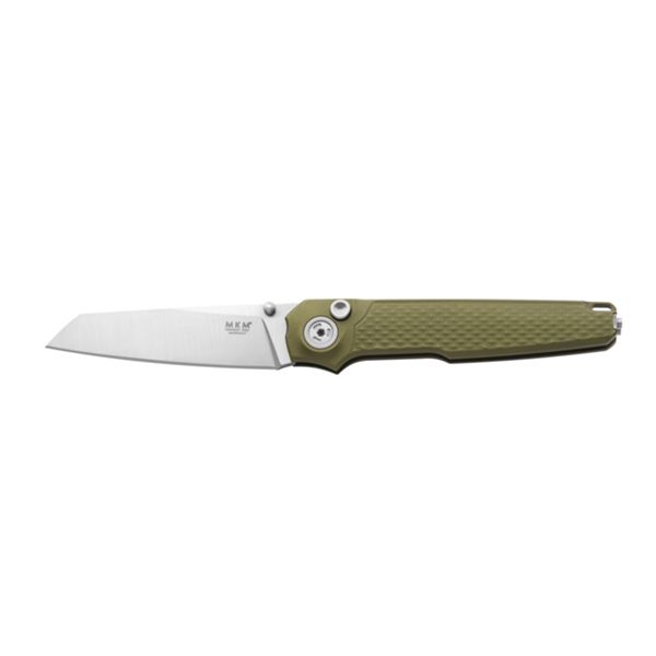 MKM MIURA – MAGNACUT SW bld - SOLID Green Alu hdl, BUTTON LOCK - REV. S/S CLIP - S/S SCREWS, THUMB STUD OPENING +ZIP NYLON POUCH