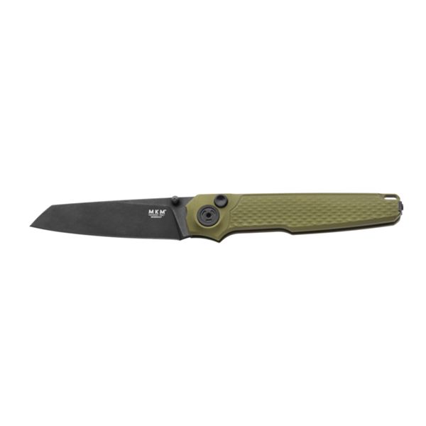 MKM MIURA – MAGNACUT DSW bld - SOLID Green Alu hdl, BUTTON LOCK - REV. S/S CLIP - S/S SCREWS, THUMB STUD OPENING +ZIP NYLON POUCH