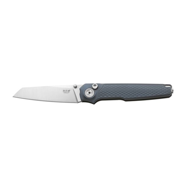 MKM MIURA – MAGNACUT SW bld - SOLID Grey Alu hdl, BUTTON LOCK - REV. S/S CLIP - S/S SCREWS, THUMB STUD OPENING +ZIP NYLON POUCH