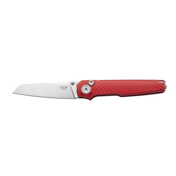 MKM MIURA – MAGNACUT SW bld - SOLID Red Alu hdl, BUTTON LOCK - REV. S/S CLIP - S/S SCREWS, THUMB STUD OPENING +ZIP NYLON POUCH