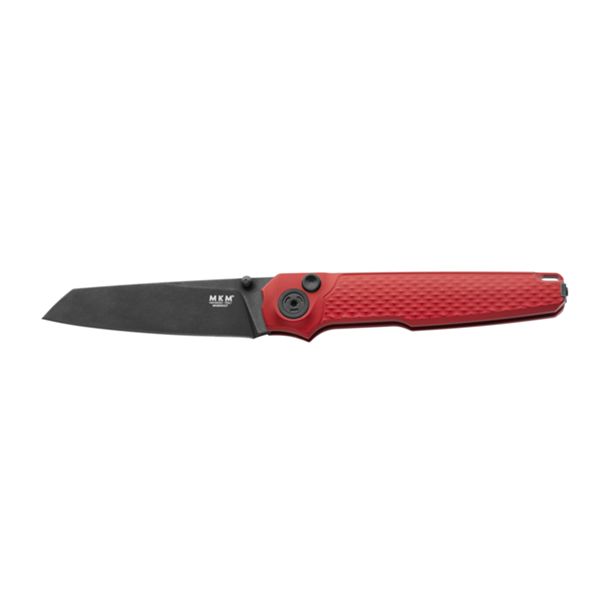 MKM MIURA – MAGNACUT DSW bld - SOLID Red Alu hdl, BUTTON LOCK - REV. S/S CLIP - S/S SCREWS, THUMB STUD OPENING +ZIP NYLON POUCH