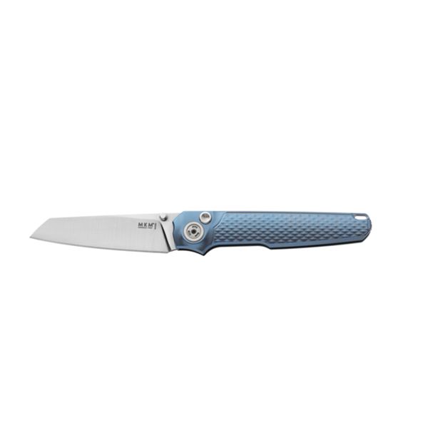 MKM MIURA – M390 SATIN bld - SOLID BLU Ti hdl, BUTTON LOCK, THUMBSTUD - REV. BLU Ti CLIP, +ZIP NYLON POUCH