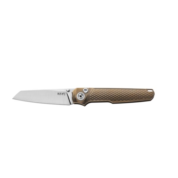 MKM MIURA – M390 SATIN bld - SOLID BRO Ti hdl, BUTTON LOCK, THUMBSTUD - REV. BRO Ti CLIP, +ZIP NYLON POUCH