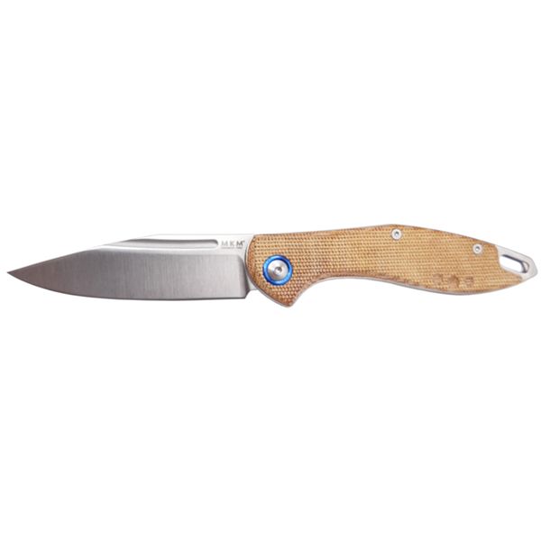 MKM FARA – M390 SATIN bld - NAT CNV MICARTA hdl, SLIP JOINT - S/S SPRING - NAIL NICK, +MKM POCKET LEATHER SHEATH w/MAGNETIC CLIP