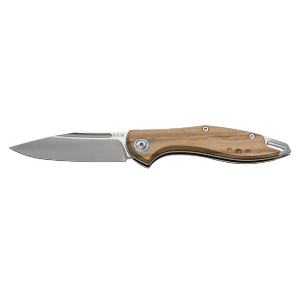 MKM FARA – M390 SATIN bld - OLIVE WOOD hdl, SLIP JOINT - S/S SPRING - NAIL NICK, +MKM POCKET LEATHER SHEATH w/MAGNETIC CLIP