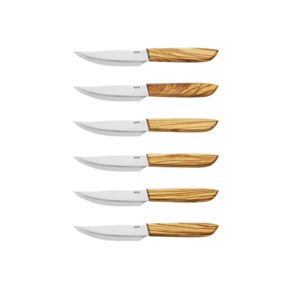 MKM NEXT – STEAK KNIFE, 11 CM SATIN S/S bld, OLIVE WOOD hdl 6 pcs SET