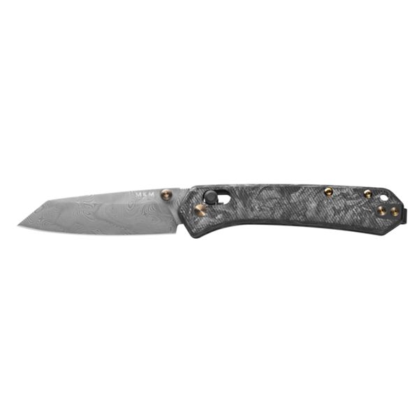 MKM YIPPER – LIMITED EDITION DAMASCUS bld - CARBON FIBER hdl, CROSS BAR LOCK, BRONZE ANODIZED TITANIUM THUMB STUD OPENING, SPACER AND SCREWS, BLACK COATED S/S REVERSIBLE CLIP, +ZIP NYLON POUCH