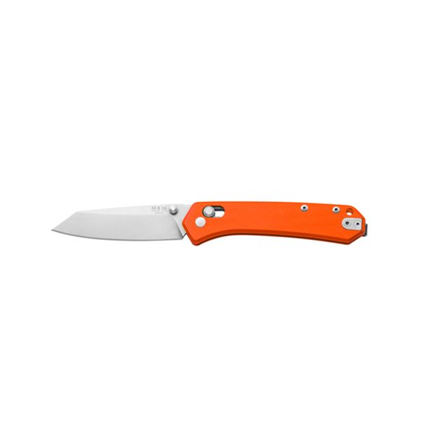 MKM YIPPER - MAGNACUT SW bld - ORANGE G10 hdl, CROSS BAR LOCK, S/S LINER, SPACER AND CLIP, THUMB STUD OPENING +ZIP NYLON POUCH