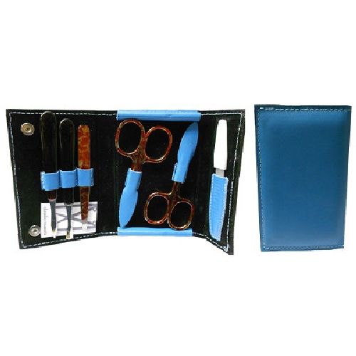 MANICURE CASE, LEATHER, SCISSORS, CUTTER, FILE, TWEEZERS AND TWO SKIN PUSHERS