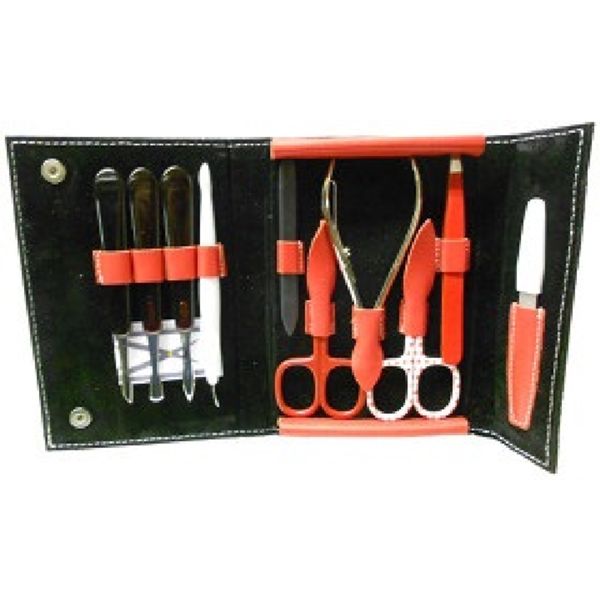 MANICURE CASE, LEATHER, TWO SCISSORS, CUTTERS, FILE, TWEEZERS AND TWO SKIN PUSHERS